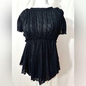 Free People Black Peek-A-Boo Lace Peplum Blouse With High Low Hem Size Small